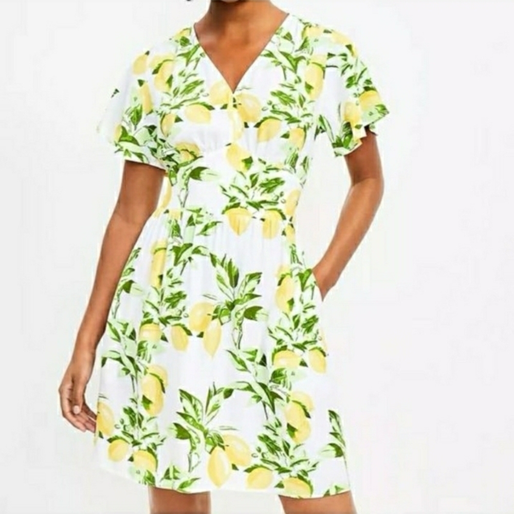 Loft Lemon Flutter V Neck Pocket Dress, Size 6